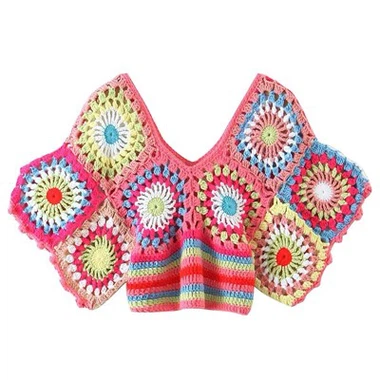 鮮やかな色のかぎ針編みV-首のクロップトップ